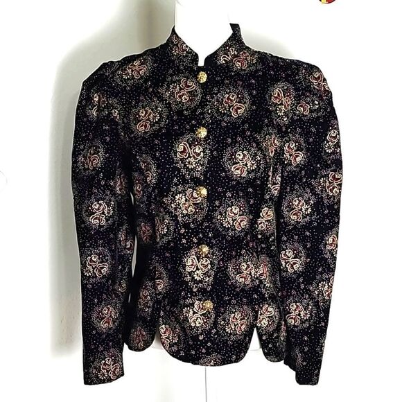Another Thyme Vintage Black Velvet Jacket, Purple Roses & Dot Design, Sz Medium - Picture 2 of 10